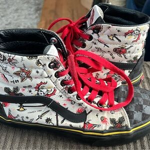 Vans Red and Black High-Top Sneakers with Artistic Design Women’s Size 7